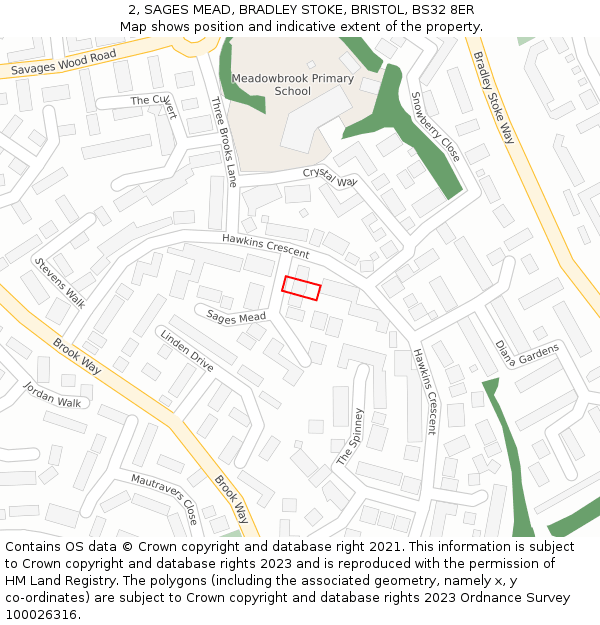 2, SAGES MEAD, BRADLEY STOKE, BRISTOL, BS32 8ER: Location map and indicative extent of plot