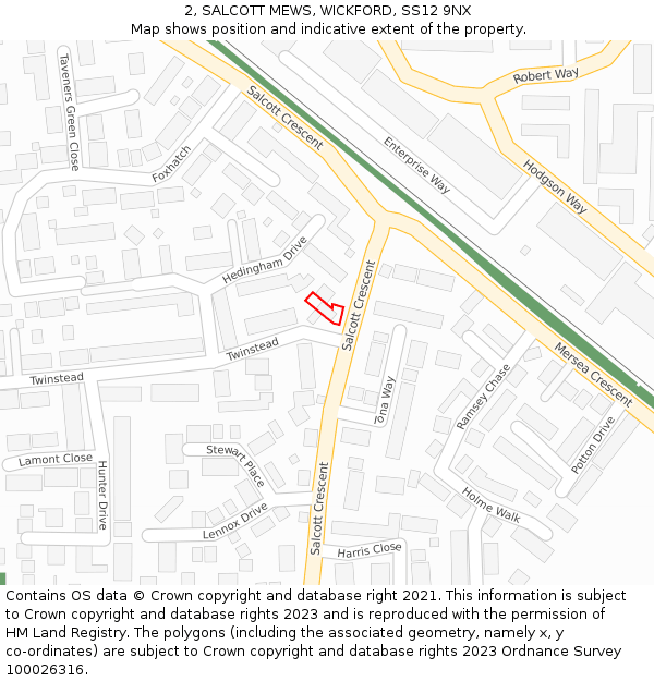 2, SALCOTT MEWS, WICKFORD, SS12 9NX: Location map and indicative extent of plot