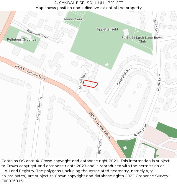 2, SANDAL RISE, SOLIHULL, B91 3ET: Location map and indicative extent of plot