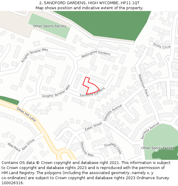 2, SANDFORD GARDENS, HIGH WYCOMBE, HP11 1QT: Location map and indicative extent of plot