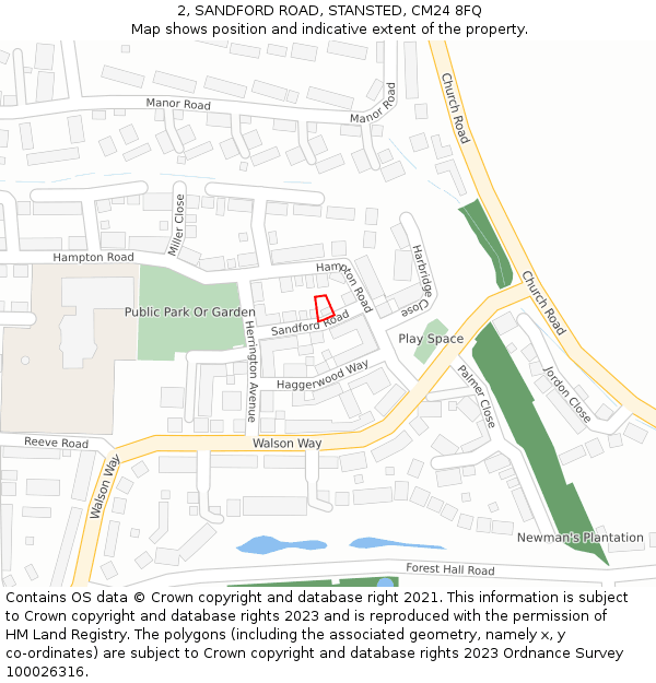 2, SANDFORD ROAD, STANSTED, CM24 8FQ: Location map and indicative extent of plot