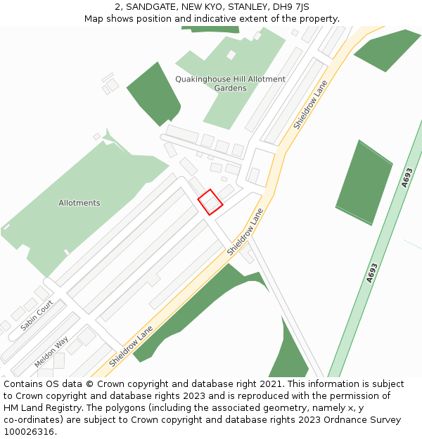 2, SANDGATE, NEW KYO, STANLEY, DH9 7JS: Location map and indicative extent of plot