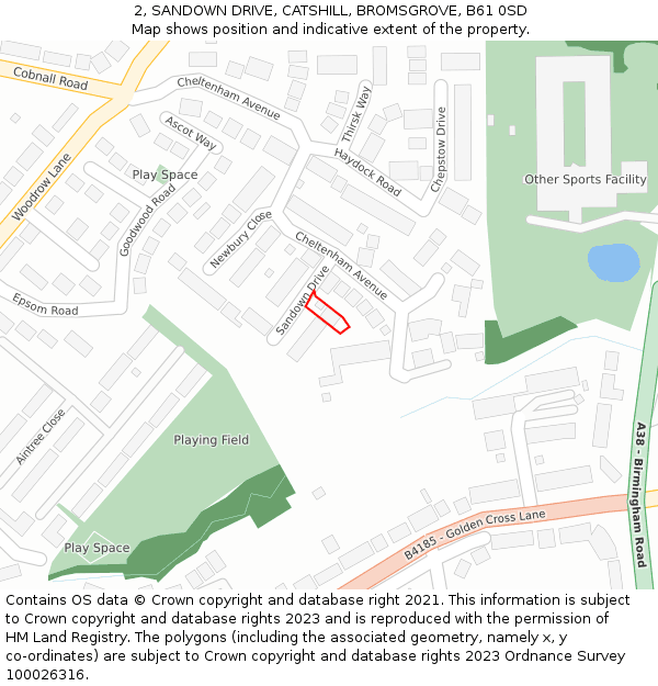 2, SANDOWN DRIVE, CATSHILL, BROMSGROVE, B61 0SD: Location map and indicative extent of plot