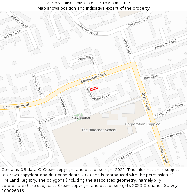 2, SANDRINGHAM CLOSE, STAMFORD, PE9 1HL: Location map and indicative extent of plot