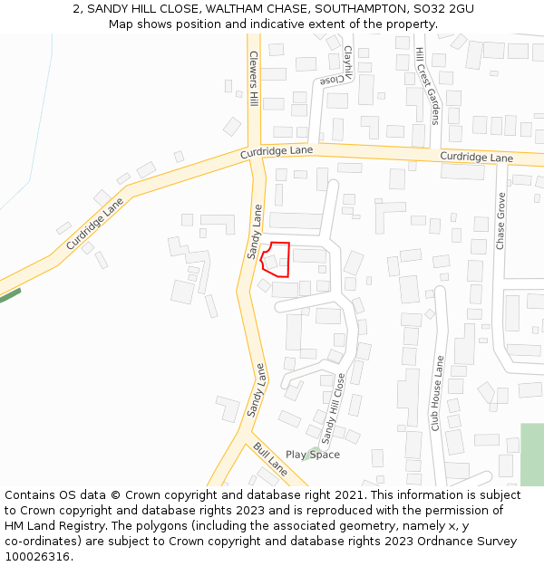 2, SANDY HILL CLOSE, WALTHAM CHASE, SOUTHAMPTON, SO32 2GU: Location map and indicative extent of plot