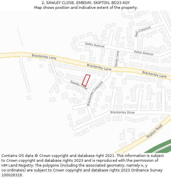 2, SAWLEY CLOSE, EMBSAY, SKIPTON, BD23 6QY: Location map and indicative extent of plot