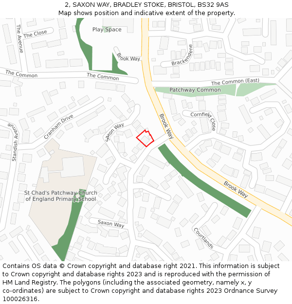 2, SAXON WAY, BRADLEY STOKE, BRISTOL, BS32 9AS: Location map and indicative extent of plot