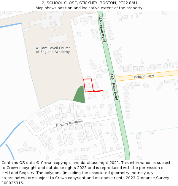 2, SCHOOL CLOSE, STICKNEY, BOSTON, PE22 8AU: Location map and indicative extent of plot