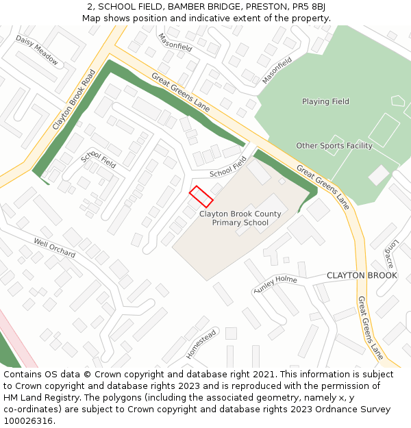 2, SCHOOL FIELD, BAMBER BRIDGE, PRESTON, PR5 8BJ: Location map and indicative extent of plot