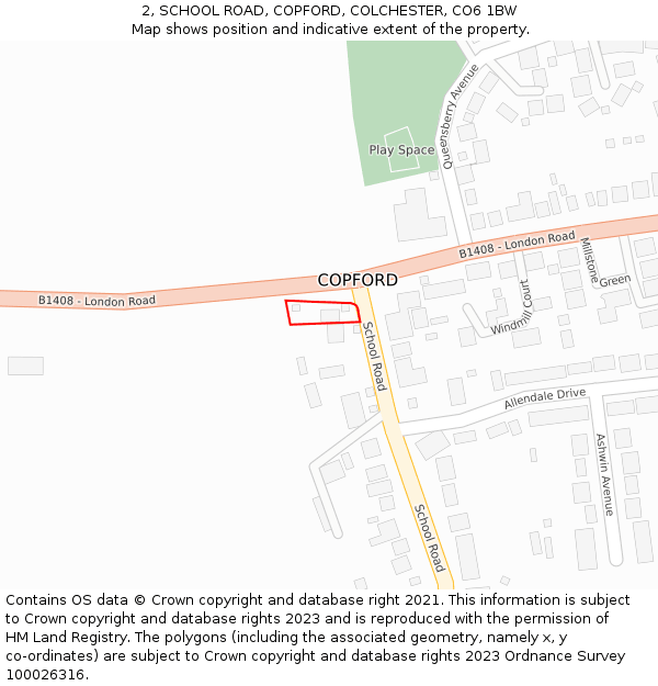 2, SCHOOL ROAD, COPFORD, COLCHESTER, CO6 1BW: Location map and indicative extent of plot