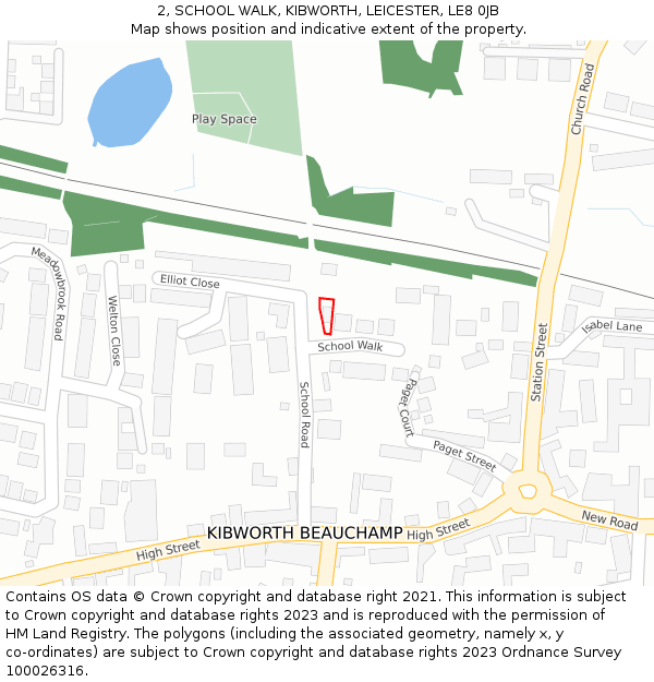 2, SCHOOL WALK, KIBWORTH, LEICESTER, LE8 0JB: Location map and indicative extent of plot