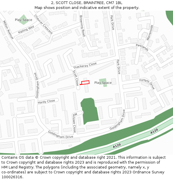 2, SCOTT CLOSE, BRAINTREE, CM7 1BL: Location map and indicative extent of plot