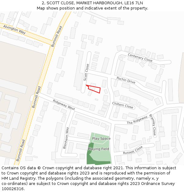 2, SCOTT CLOSE, MARKET HARBOROUGH, LE16 7LN: Location map and indicative extent of plot