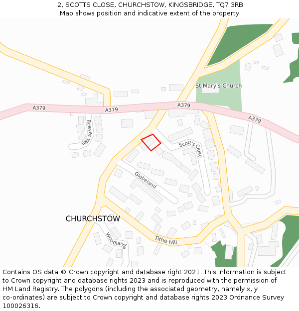 2, SCOTTS CLOSE, CHURCHSTOW, KINGSBRIDGE, TQ7 3RB: Location map and indicative extent of plot