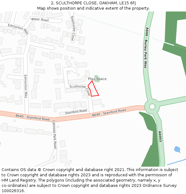 2, SCULTHORPE CLOSE, OAKHAM, LE15 6FJ: Location map and indicative extent of plot