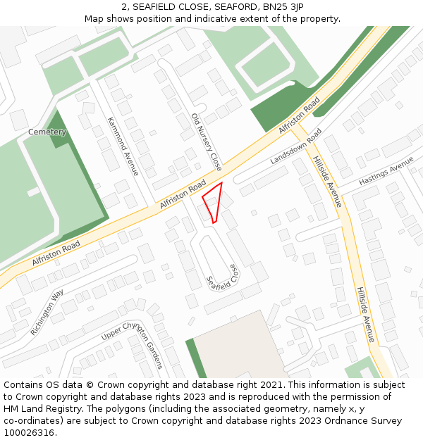 2, SEAFIELD CLOSE, SEAFORD, BN25 3JP: Location map and indicative extent of plot