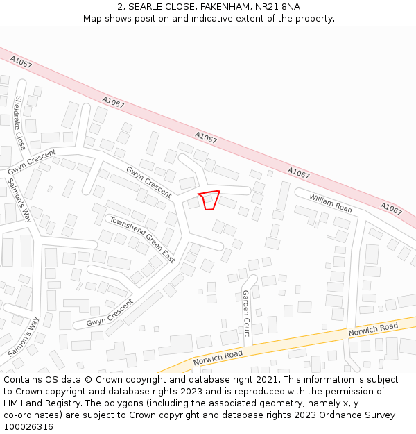 2, SEARLE CLOSE, FAKENHAM, NR21 8NA: Location map and indicative extent of plot