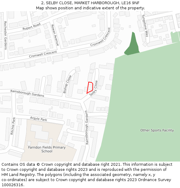2, SELBY CLOSE, MARKET HARBOROUGH, LE16 9NF: Location map and indicative extent of plot