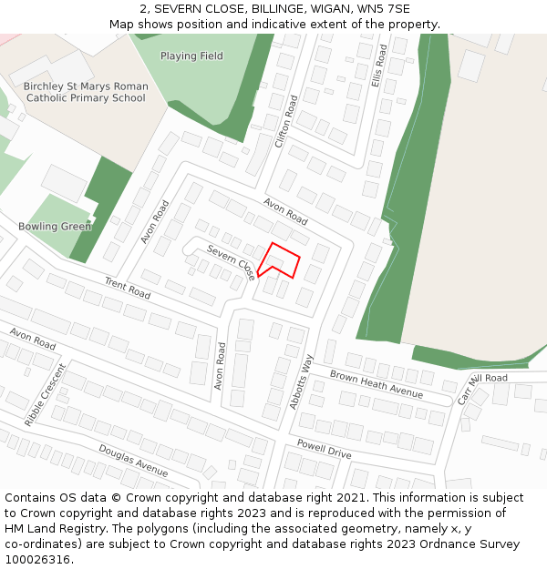 2, SEVERN CLOSE, BILLINGE, WIGAN, WN5 7SE: Location map and indicative extent of plot