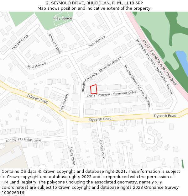 2, SEYMOUR DRIVE, RHUDDLAN, RHYL, LL18 5PP: Location map and indicative extent of plot