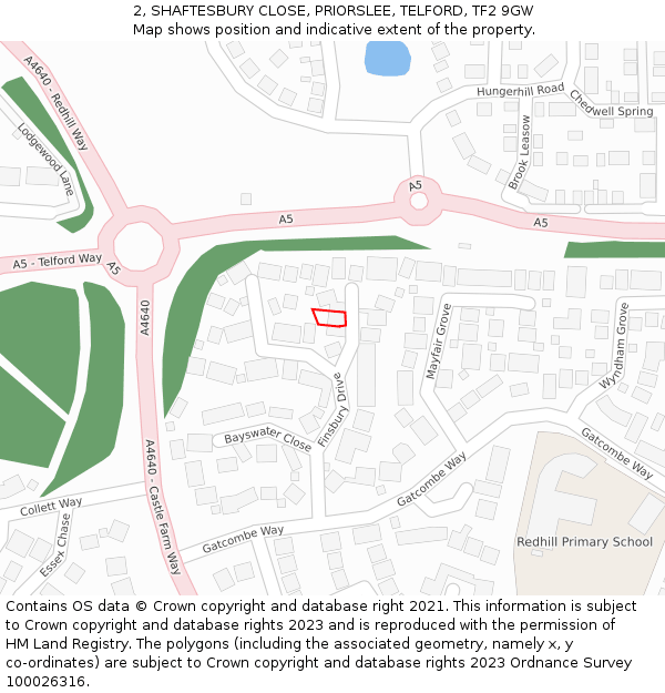 2, SHAFTESBURY CLOSE, PRIORSLEE, TELFORD, TF2 9GW: Location map and indicative extent of plot