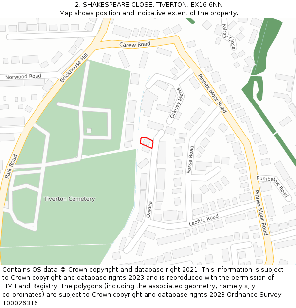 2, SHAKESPEARE CLOSE, TIVERTON, EX16 6NN: Location map and indicative extent of plot