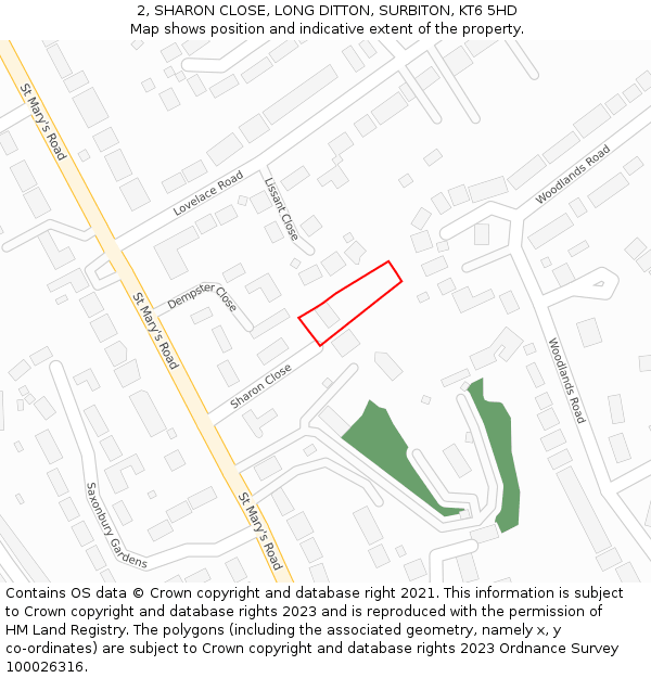 2, SHARON CLOSE, LONG DITTON, SURBITON, KT6 5HD: Location map and indicative extent of plot