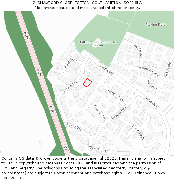 2, SHAWFORD CLOSE, TOTTON, SOUTHAMPTON, SO40 8LA: Location map and indicative extent of plot