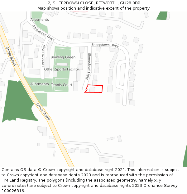 2, SHEEPDOWN CLOSE, PETWORTH, GU28 0BP: Location map and indicative extent of plot