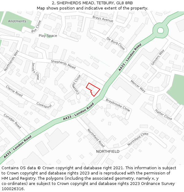 2, SHEPHERDS MEAD, TETBURY, GL8 8RB: Location map and indicative extent of plot
