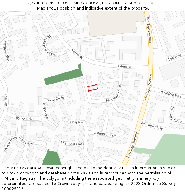 2, SHERBORNE CLOSE, KIRBY CROSS, FRINTON-ON-SEA, CO13 0TD: Location map and indicative extent of plot