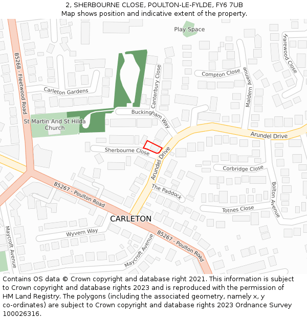 2, SHERBOURNE CLOSE, POULTON-LE-FYLDE, FY6 7UB: Location map and indicative extent of plot