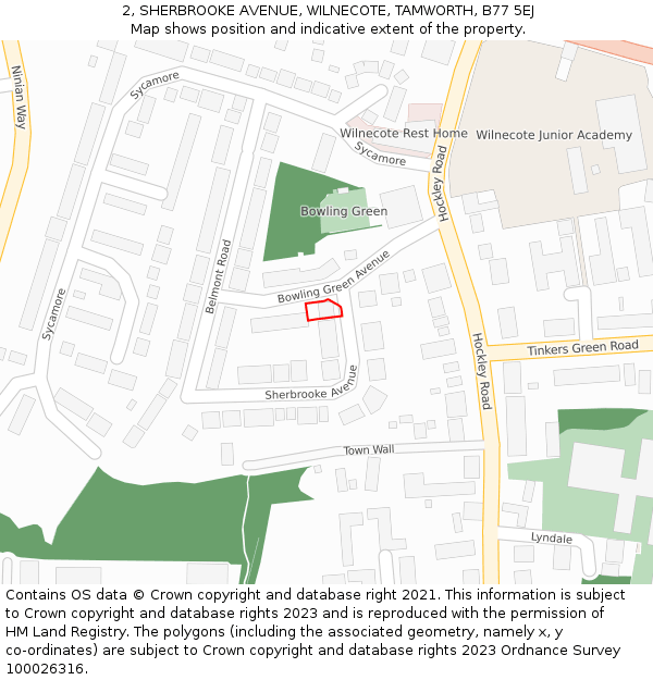 2, SHERBROOKE AVENUE, WILNECOTE, TAMWORTH, B77 5EJ: Location map and indicative extent of plot