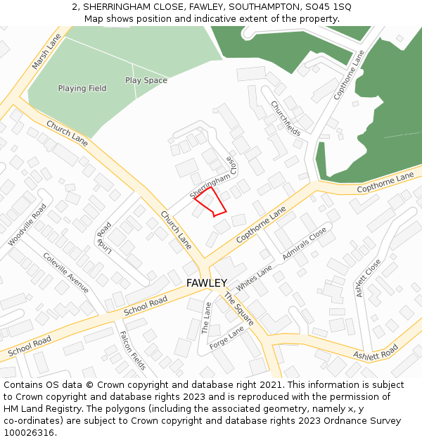 2, SHERRINGHAM CLOSE, FAWLEY, SOUTHAMPTON, SO45 1SQ: Location map and indicative extent of plot