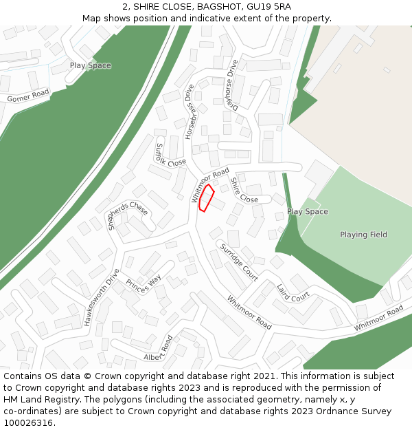 2, SHIRE CLOSE, BAGSHOT, GU19 5RA: Location map and indicative extent of plot