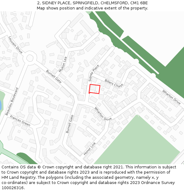 2, SIDNEY PLACE, SPRINGFIELD, CHELMSFORD, CM1 6BE: Location map and indicative extent of plot