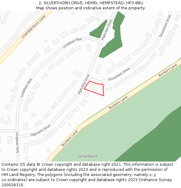 2, SILVERTHORN DRIVE, HEMEL HEMPSTEAD, HP3 8BU: Location map and indicative extent of plot