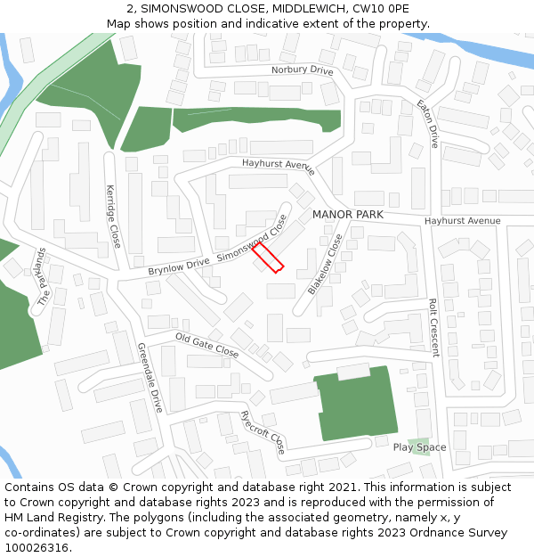 2, SIMONSWOOD CLOSE, MIDDLEWICH, CW10 0PE: Location map and indicative extent of plot