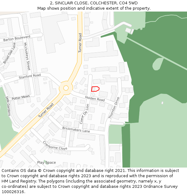 2, SINCLAIR CLOSE, COLCHESTER, CO4 5WD: Location map and indicative extent of plot