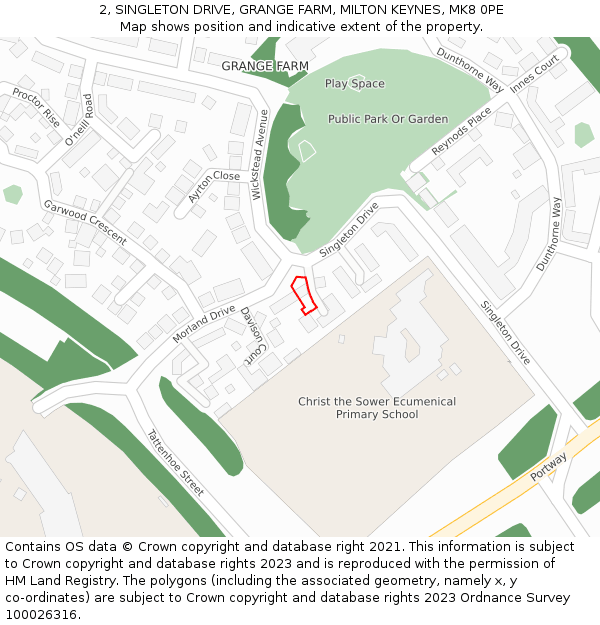 2, SINGLETON DRIVE, GRANGE FARM, MILTON KEYNES, MK8 0PE: Location map and indicative extent of plot