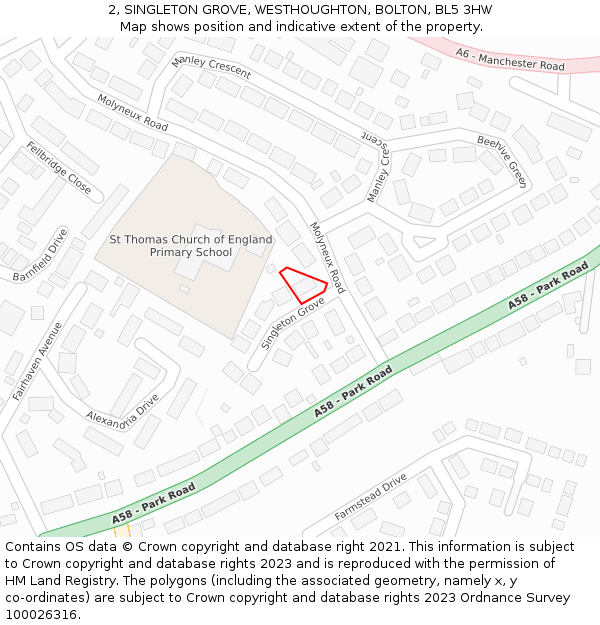 2, SINGLETON GROVE, WESTHOUGHTON, BOLTON, BL5 3HW: Location map and indicative extent of plot