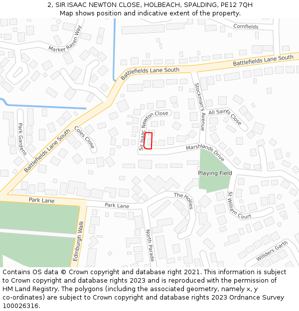 2, SIR ISAAC NEWTON CLOSE, HOLBEACH, SPALDING, PE12 7QH: Location map and indicative extent of plot