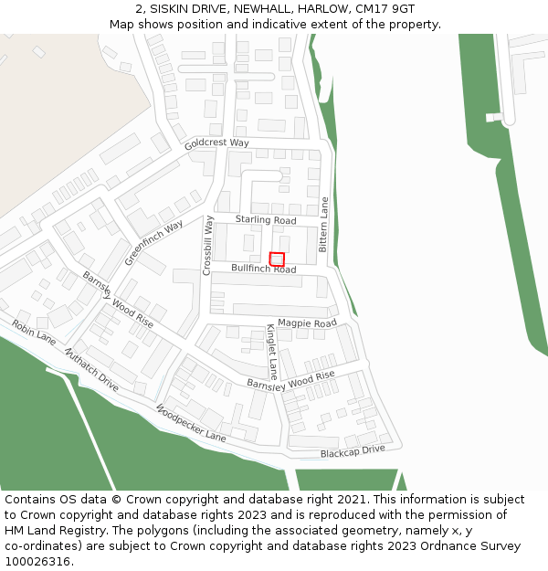 2, SISKIN DRIVE, NEWHALL, HARLOW, CM17 9GT: Location map and indicative extent of plot