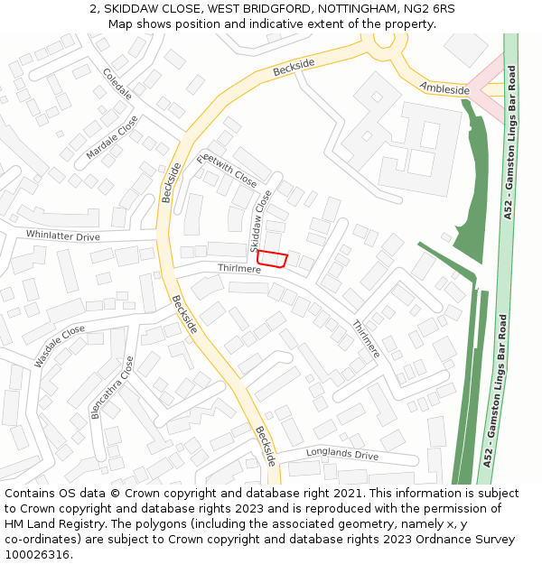 2, SKIDDAW CLOSE, WEST BRIDGFORD, NOTTINGHAM, NG2 6RS: Location map and indicative extent of plot