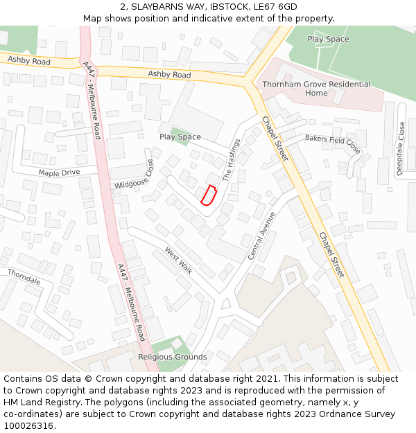 2, SLAYBARNS WAY, IBSTOCK, LE67 6GD: Location map and indicative extent of plot