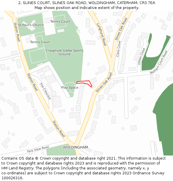 2, SLINES COURT, SLINES OAK ROAD, WOLDINGHAM, CATERHAM, CR3 7EA: Location map and indicative extent of plot