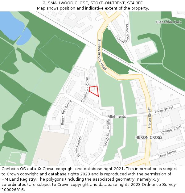 2, SMALLWOOD CLOSE, STOKE-ON-TRENT, ST4 3FE: Location map and indicative extent of plot