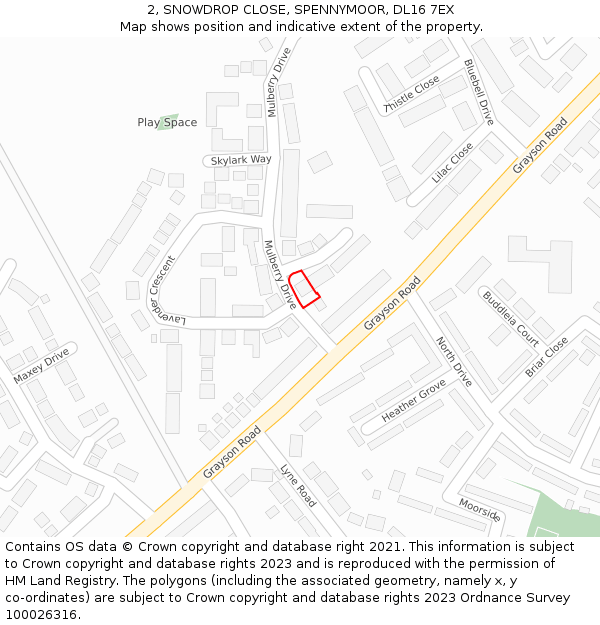2, SNOWDROP CLOSE, SPENNYMOOR, DL16 7EX: Location map and indicative extent of plot