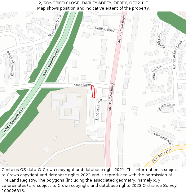 2, SONGBIRD CLOSE, DARLEY ABBEY, DERBY, DE22 1LB: Location map and indicative extent of plot