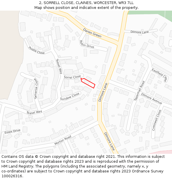 2, SORRELL CLOSE, CLAINES, WORCESTER, WR3 7LL: Location map and indicative extent of plot